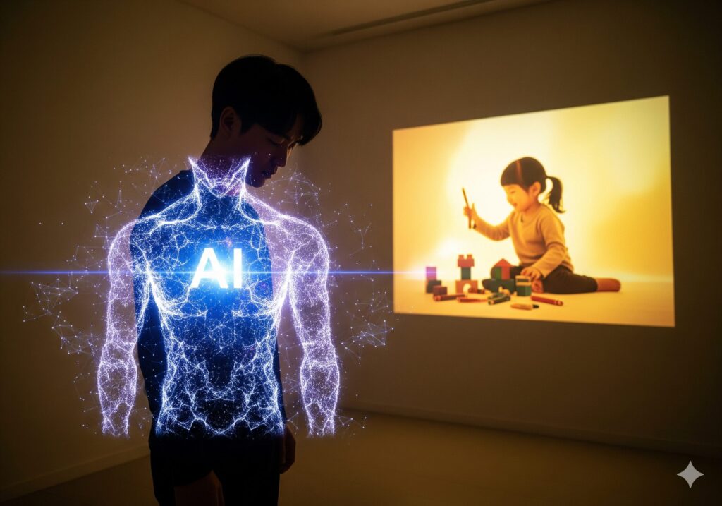 I라는 강력한 도구 앞에서 무엇을 상상해야 할지 몰라 막막해하는 성인의 모습과, 그 뒤로 비치는 자유롭게 상상하던 어린 시절의 그림자.