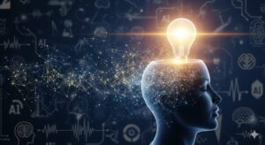 한 사람의 머리에서 빛나는 전구가 나와 디지털 네트워크와 연결되는 모습, AI 시대의 인간 상상력을 상징