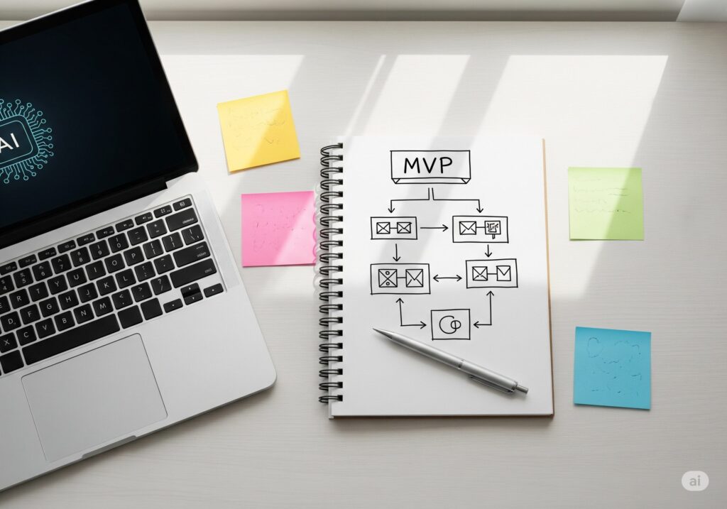 MVP 모델이 스케치된 노트와 AI 아이콘이 뜬 노트북이 놓인 책상. AI를 활용해 효율적으로 아이디어를 검증하는 최소기능제품 제작 단계를 상징함.