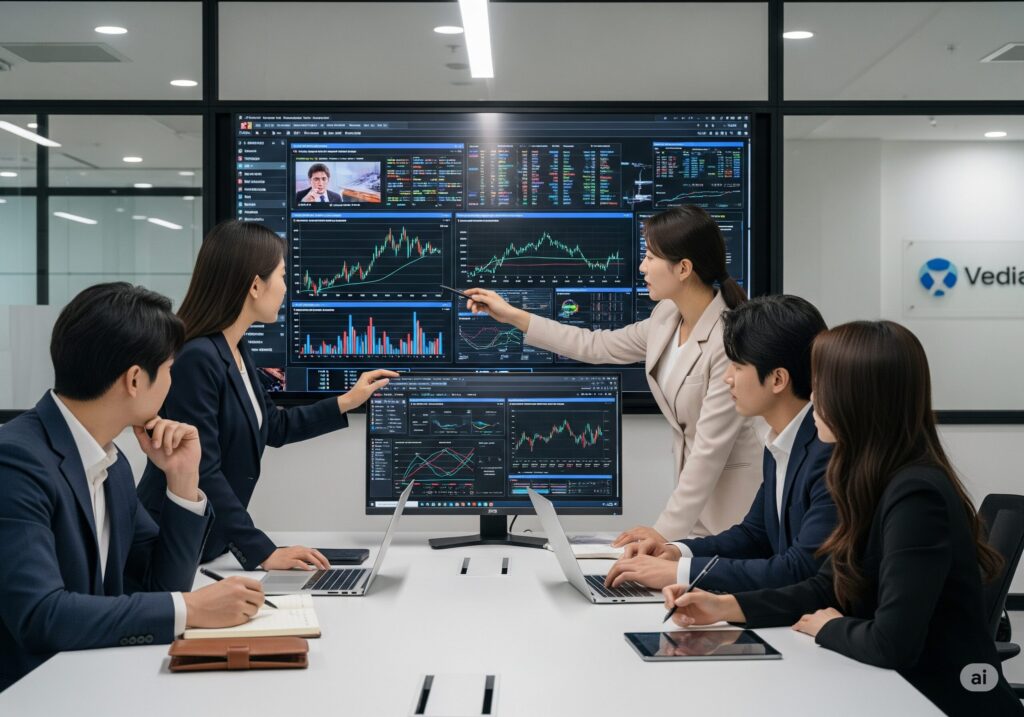 오피스에서 대형 스크린의 데이터 시각화 자료를 보며 토론하는 5명의 비즈니스 전문가들. 팀 협업으로 AI 기반의 복잡한 시장 분석에 집중하는 모습.