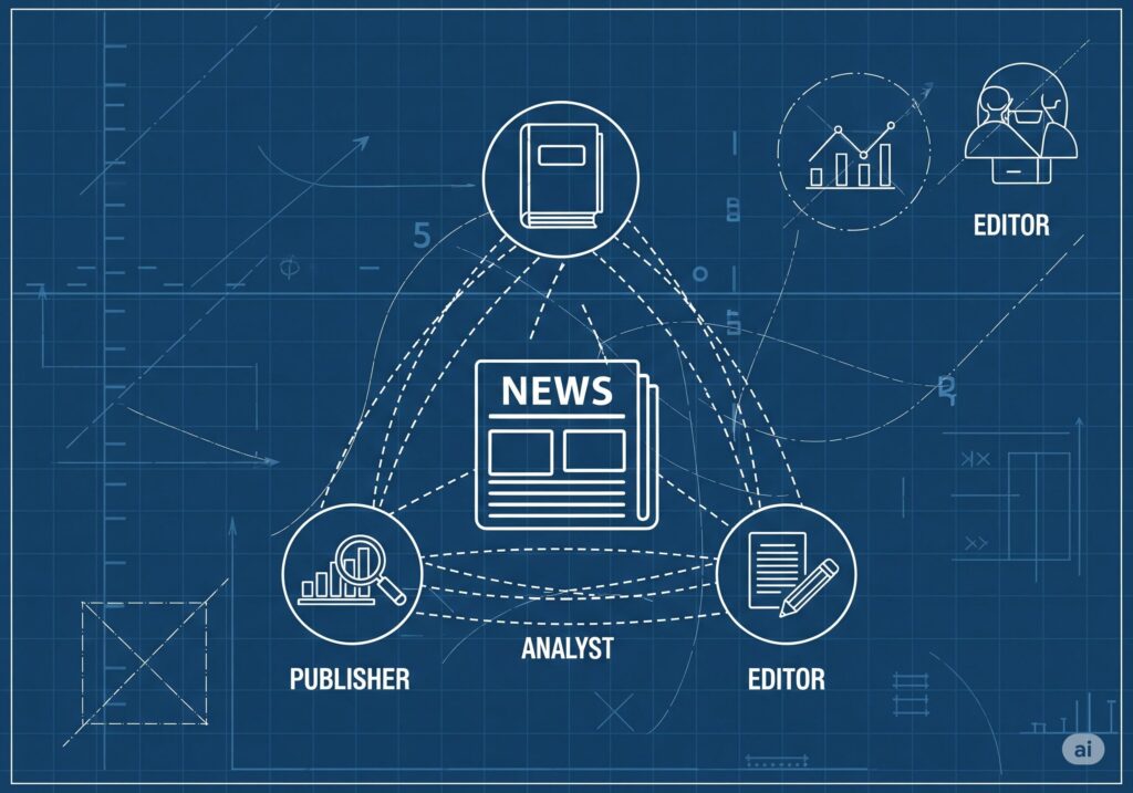 뉴스(NEWS)를 중심으로 발행인(PUBLISHER), 분석가(ANALYST), 편집자(EDITOR)가 유기적으로 연결된 시스템을 보여주는 청사진 디자인. 정보 유통의 복잡한 구조를 간결하게 표현.
