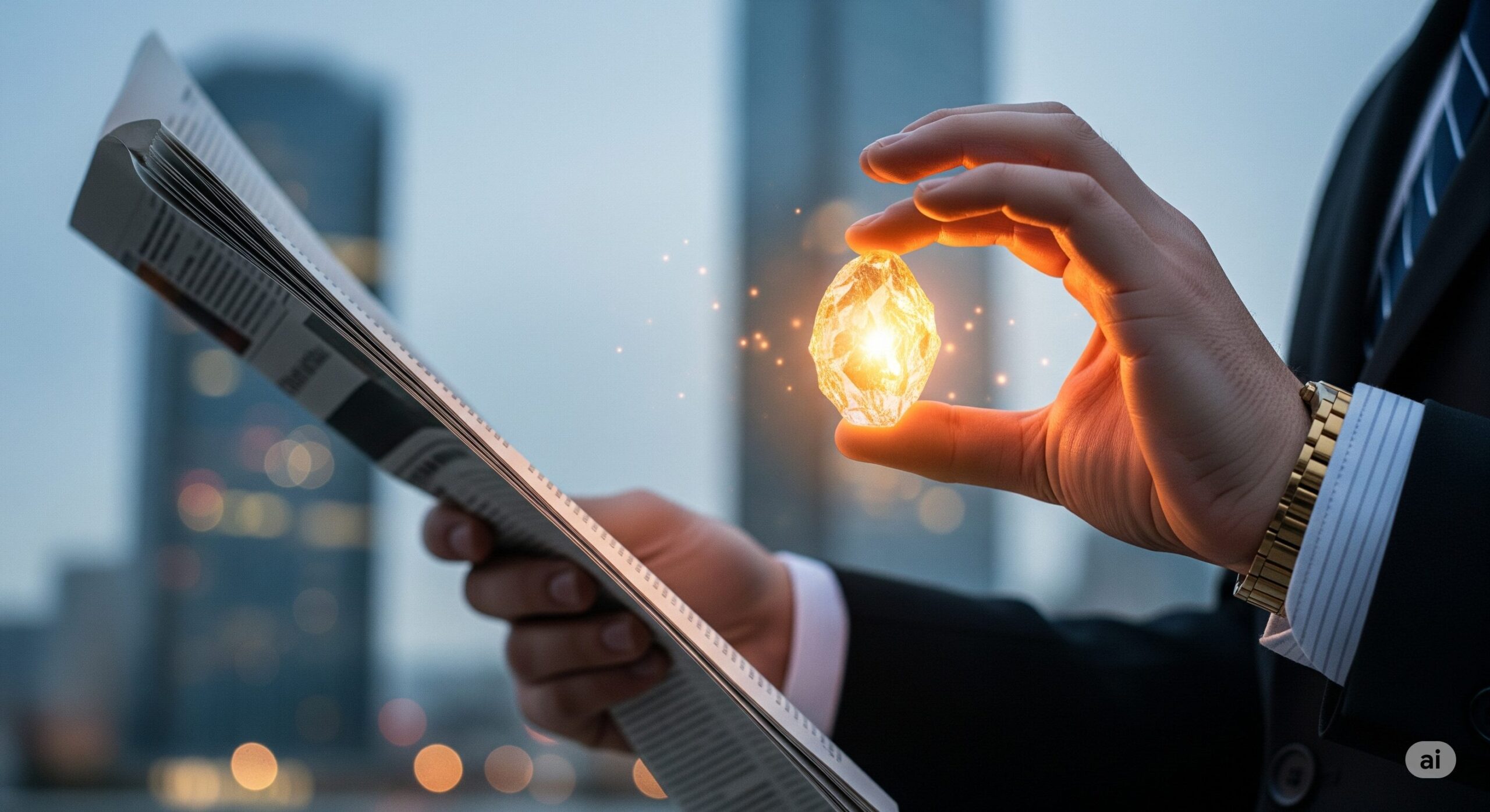 어두운 도시 배경에서 신문을 들고 있는 남성이 한 손에 빛나는 다이아몬드 원석을 들고 있음. 평범한 정보 속에서 AI가 발견해낸 핵심 가치와 통찰력을 상징.