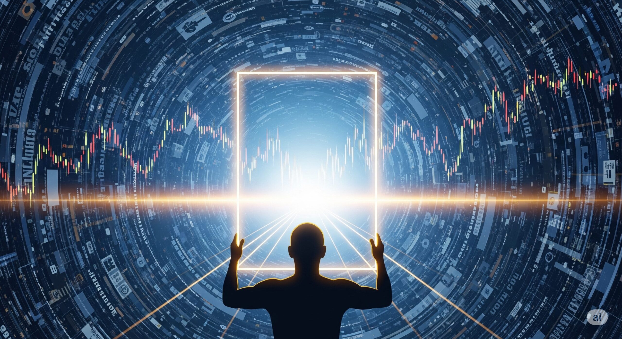 복잡한 데이터와 정보가 소용돌이치는 터널 속에서, 한 사람이 빛나는 프레임을 통해 명확한 인사이트(상승 그래프)를 발견하고 기회를 포착하는 모습.