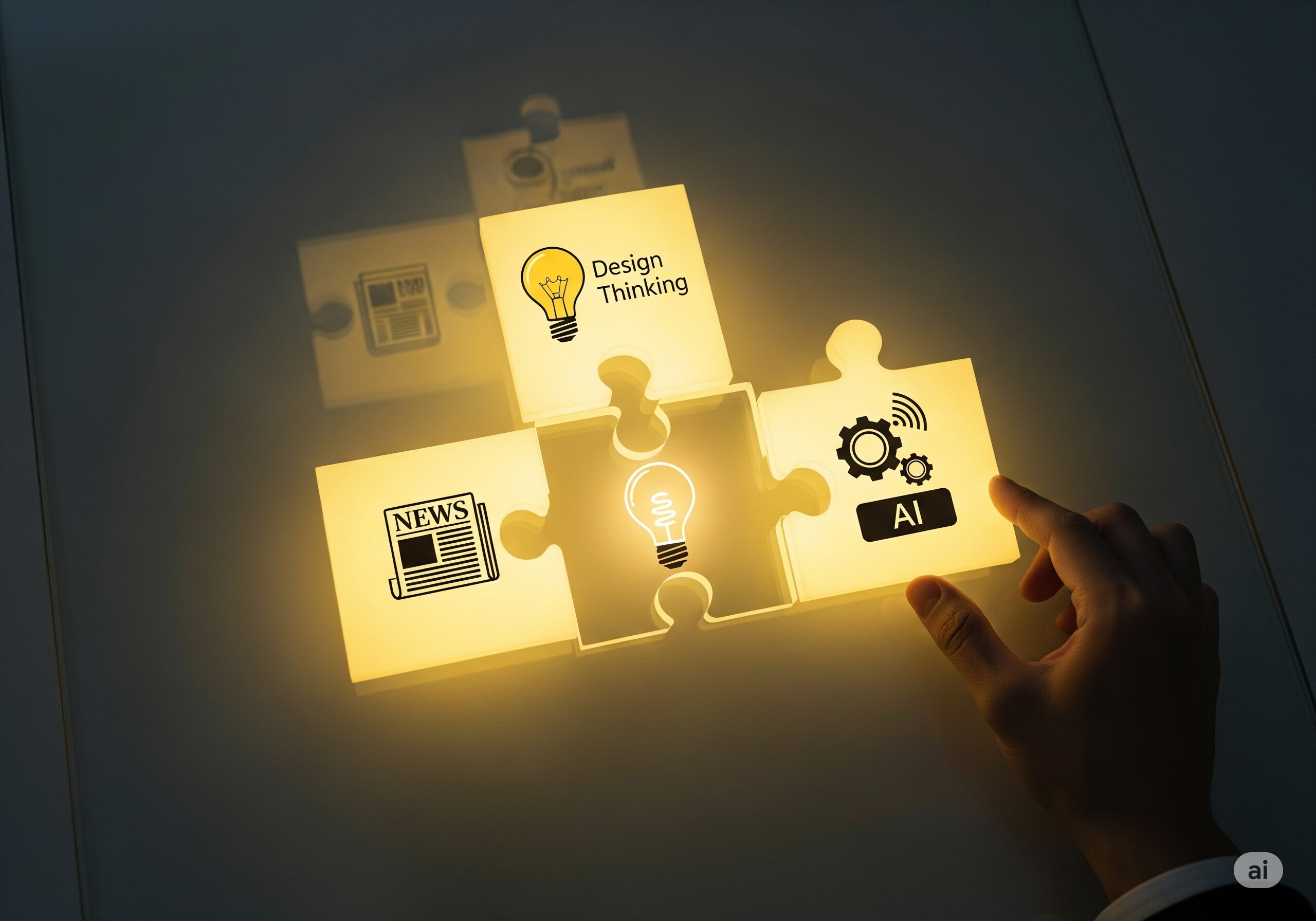 뉴스, 디자인씽킹, AI 아이콘 퍼즐을 조합해 빛나는 전구(아이디어)를 완성하는 손. 복잡한 정보 속에서 명쾌한 해결책을 찾는 과정을 시각화함.