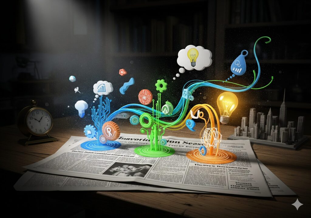 신문이 테이블 위에 펼쳐져 있고, 그 신문의 기사들에서 발견된 아이디어가 입체적으로 구현되고 있는 모습