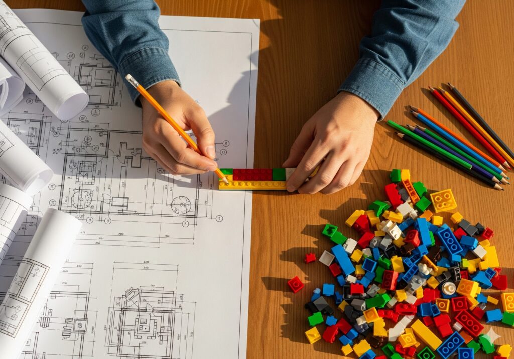 어른의 손이 설계도와 레고블록을 함께 다루는 모습