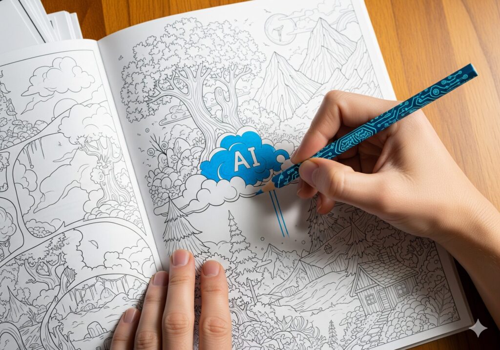 `어른의 손이 AI 아이콘 모양의 색연필로 색칠공부 책을 칠하며 창의력을 시작하는 모습`