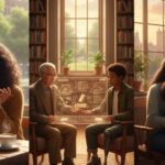 다양한 인종과 연령의 사람들이 평범한 일상 공간에서 AI 기술을 상징하는 빛나는 아이콘을 손으로 만지며 새로운 아이디어를 얻는 모습.