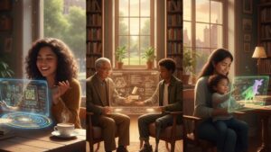 다양한 인종과 연령의 사람들이 평범한 일상 공간에서 AI 기술을 상징하는 빛나는 아이콘을 손으로 만지며 새로운 아이디어를 얻는 모습.