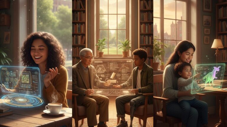 다양한 인종과 연령의 사람들이 평범한 일상 공간에서 AI 기술을 상징하는 빛나는 아이콘을 손으로 만지며 새로운 아이디어를 얻는 모습.