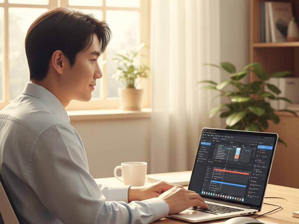한 명의 N잡러가 자신의 오피스에서 AI 영상 편집 프로그램을 사용하여 소상공인을 위한 OTT 광고를 효율적으로 제작하고 있다.