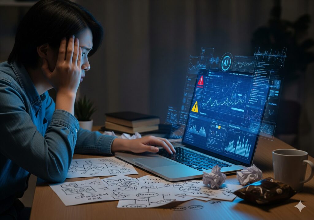 AI 윤리 문제로 고민하는 1인 기업가가 노트북 앞에서 좌절하는 모습.