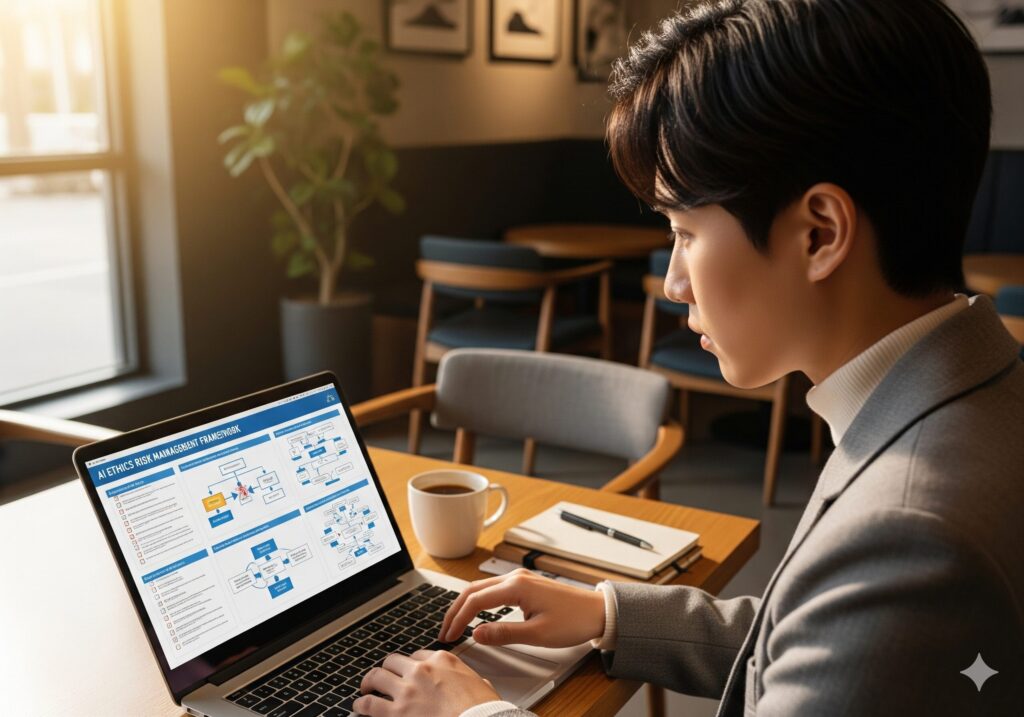 전문가가 카페에서 AI 윤리 리스크 관리 프레임워크를 개발하고 있는 모습.