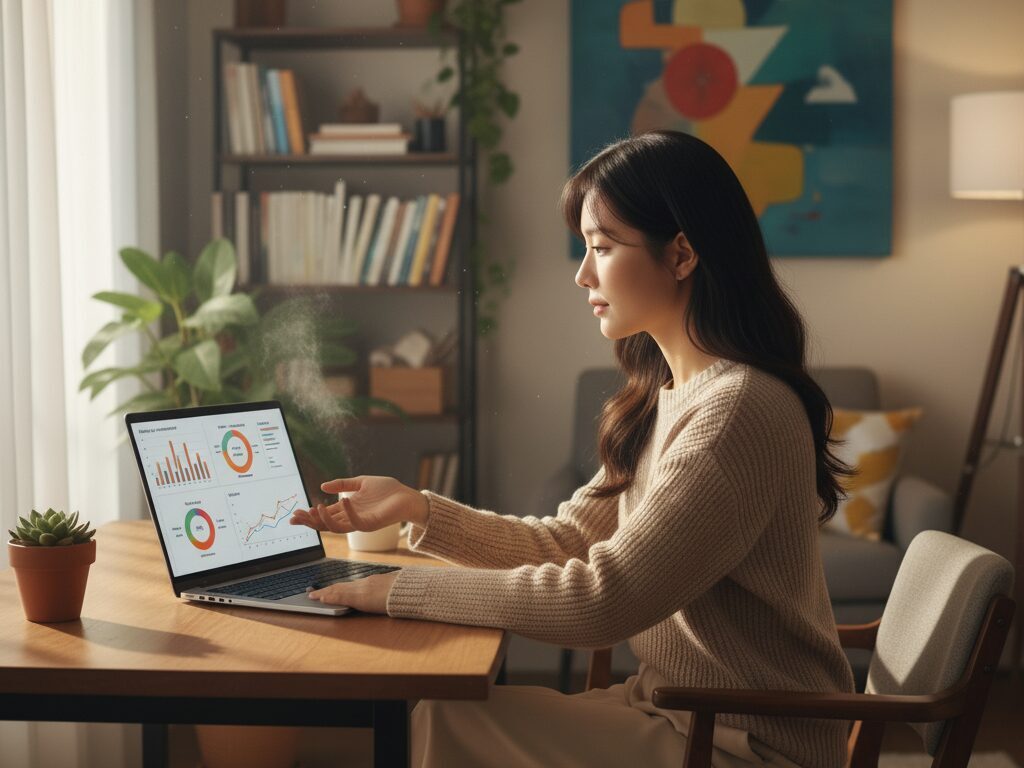 한국의 현대적인 홈 오피스 또는 코워킹 스페이스를 배경으로 한 한국인 프리랜서의 모습.
