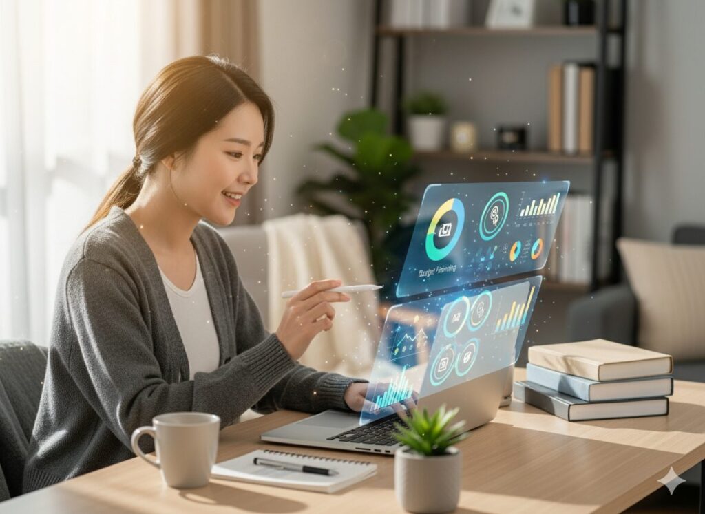 젊은 여성이 자신의 집에서 N잡 창업 아이디어인 AI를 활용한 생활비 절약 N잡을 위해 노트북으로 콘텐츠를 제작하는 모습.