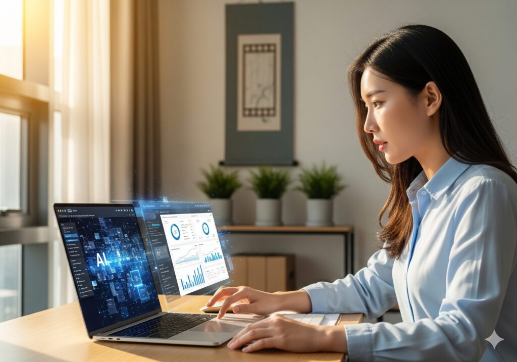 젊은 N잡 창업가가 사무실에서 N잡 창업 아이디어인 사실검증 콘텐츠를 만들기 위해 노트북으로 데이터를 분석하는 모습.