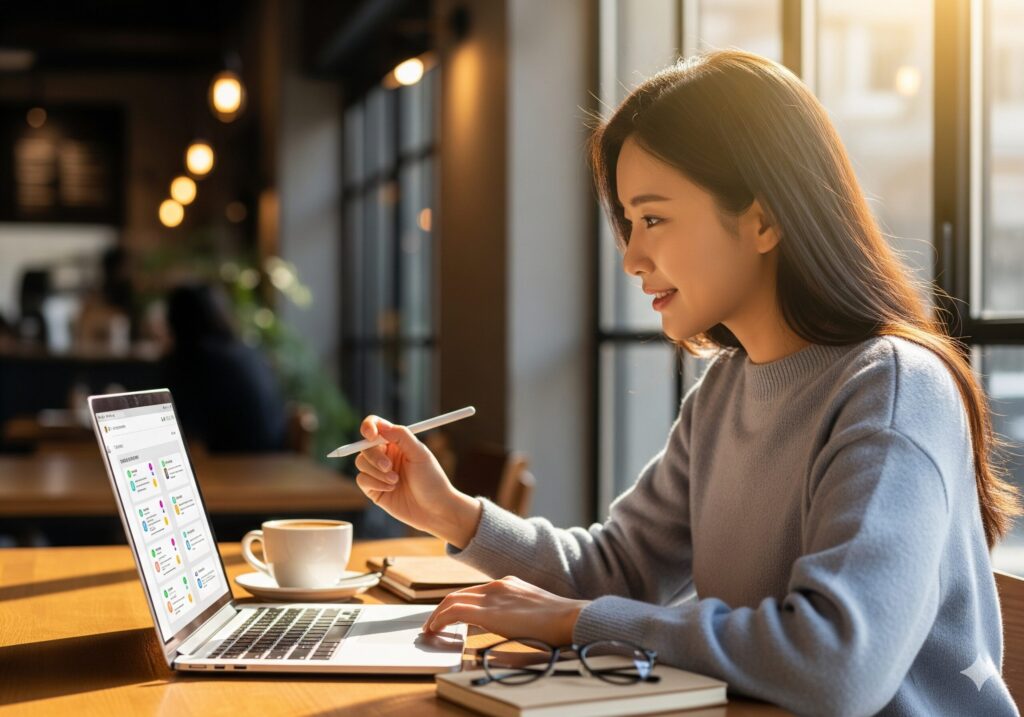 N잡 창업 아이디어인 정보지원금 정보를 젊은 블로거가 카페에서 AI를 활용해 콘텐츠를 만드는 모습.