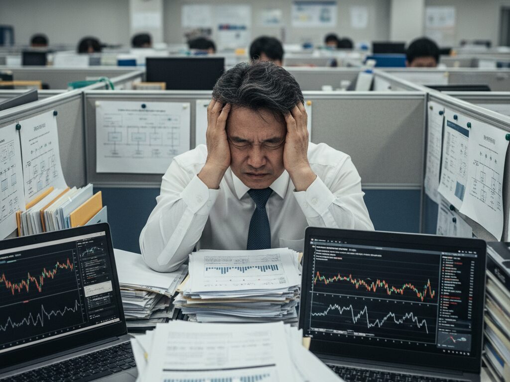 복잡한 반도체 시장 데이터 앞에서 구매 결정을 내리지 못하고 스트레스받는 한국 중소기업의 담당자.