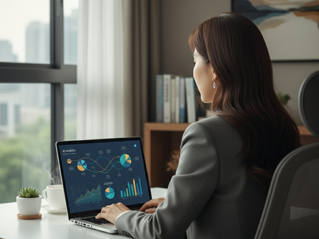 복잡한 반도체 시장 데이터 앞에서 구매 결정을 내리지 못하고 스트레스받는 한국 중소기업의 담당자.