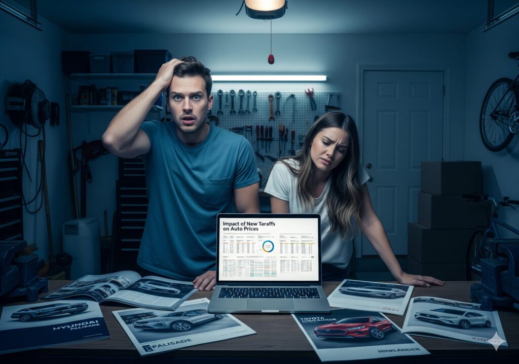 한 미국인 부부가 자동차 카탈로그와 노트북을 보며 복잡한 관세 변화 때문에 어떤 차를 사야 할지 혼란스러워하며 고민하고 있다.