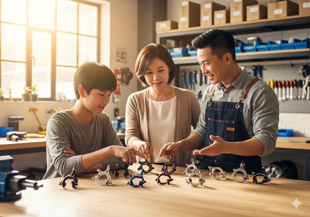 한 자전거 커스텀 전문가가 작업실에서 부모와 10대 자녀에게 안전하면서도 멋진 브레이크 디자인을 제안하며 가족의 갈등을 해결해주고 있다.