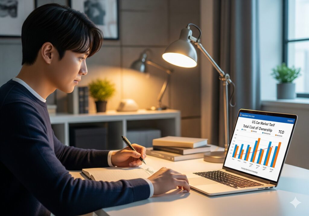 한 한국인 콘텐츠 크리에이터가 자신의 작업실에서 미국 자동차 시장의 TCO 데이터를 분석하며, 혼란에 빠진 소비자들을 위한 명쾌한 해결책을 제시하는 콘텐츠를 만들고 있다.