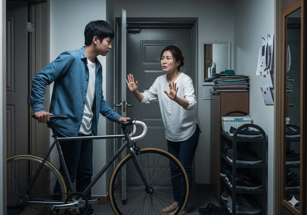 한 한국인 어머니가 브레이크 없는 픽시 자전거를 타려는 10대 아들을 현관에서 걱정스럽게 말리며 안전 문제로 인해 갈등을 겪고 있다.