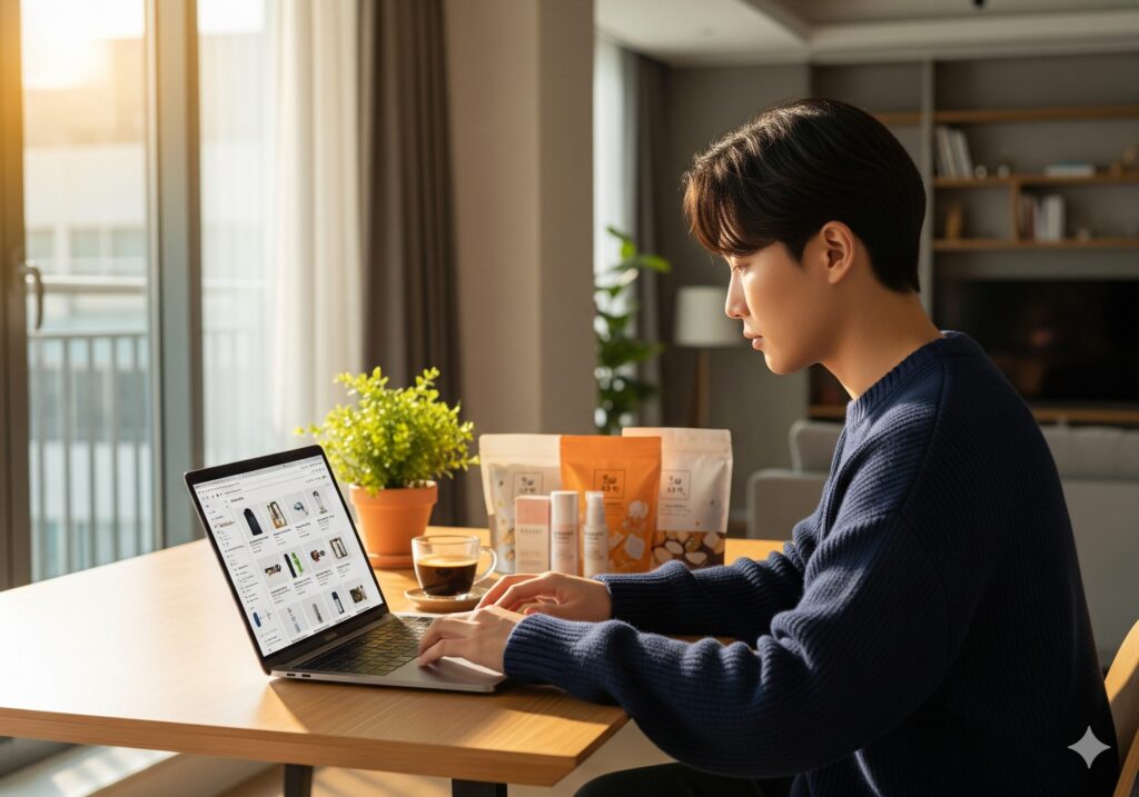 한국인 1인 창업가가 K상품 해외 진출 N잡을 위해 노트북으로 아마존 같은 글로벌 마켓을 분석하고 있는 모습.