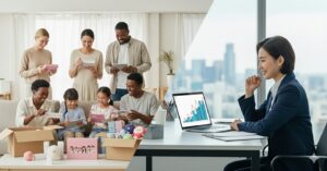 `K상품 해외 판매 N잡에 성공한 한국인 글로벌 셀러와, 상품을 배송받고 만족스러워하는 다양한 국적의 고객들.