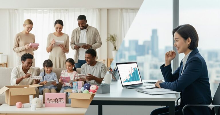 `K상품 해외 판매 N잡에 성공한 한국인 글로벌 셀러와, 상품을 배송받고 만족스러워하는 다양한 국적의 고객들.