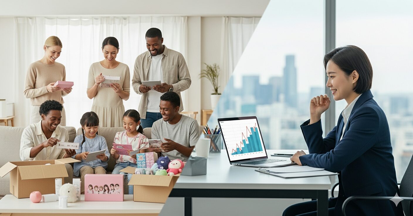 `K상품 해외 판매 N잡에 성공한 한국인 글로벌 셀러와, 상품을 배송받고 만족스러워하는 다양한 국적의 고객들.