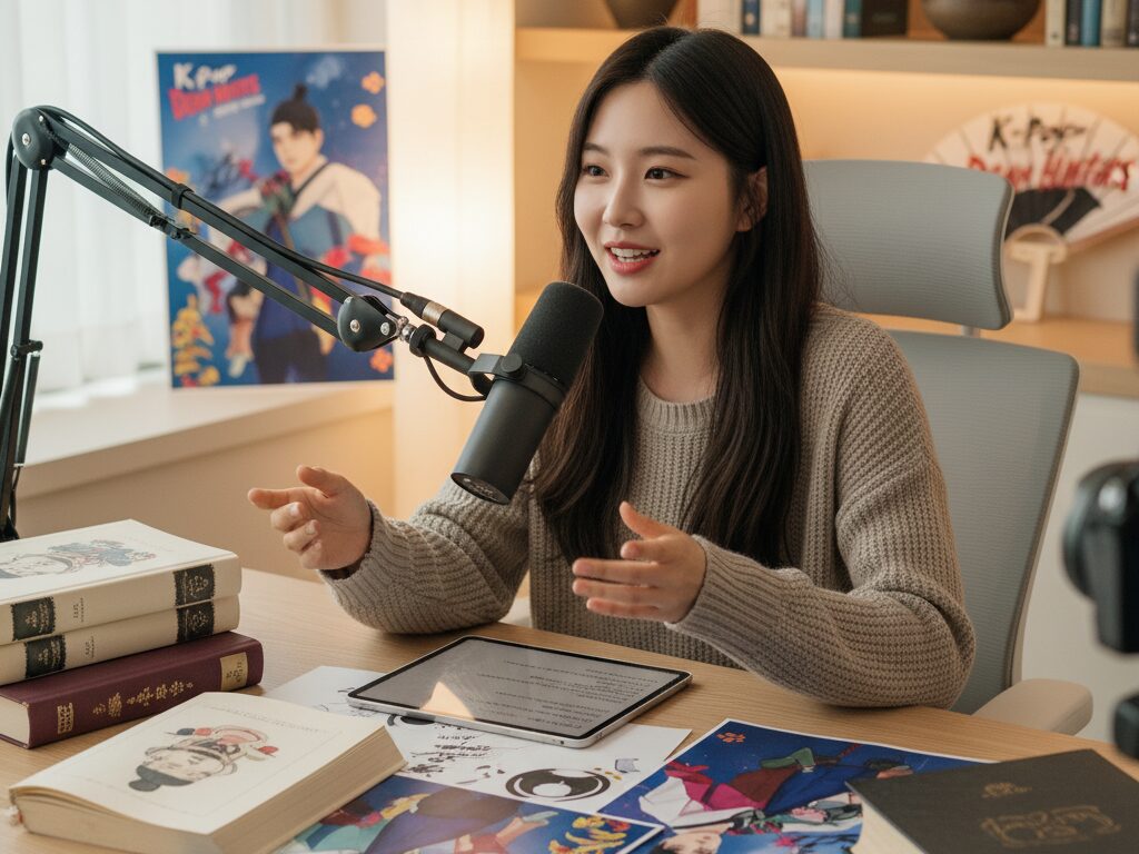 자신의 홈 스튜디오에서 마이크와 전문 자료들을 갖추고 K-콘텐츠 문화 해설 유튜브 영상을 열정적으로 제작하는 한국인 크리에이터.