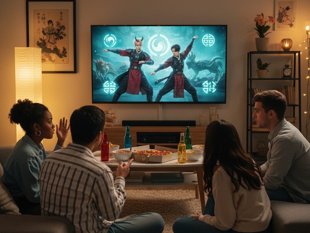 다국적 해외 팬들이 K-콘텐츠를 보며 화면 속 한국 문화 요소에 대해 궁금해하고 호기심 어린 표정을 짓는 모습.