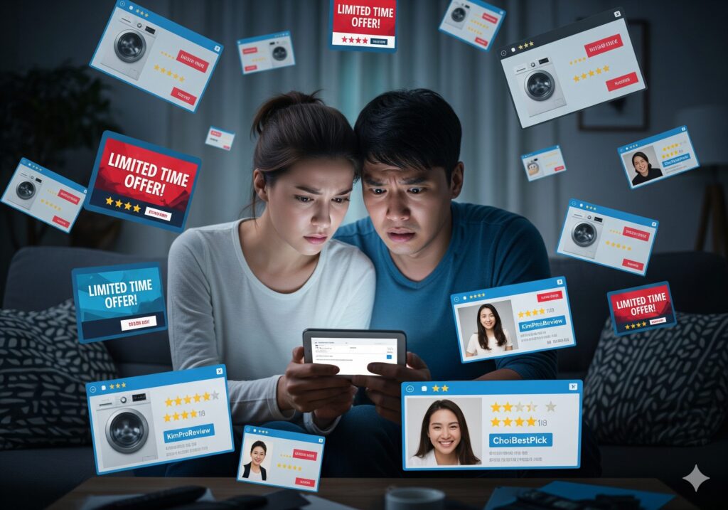 수많은 가짜 온라인 리뷰와 광고 정보 속에서 어떤 제품을 선택해야 할지 몰라 혼란스러워하는 한국인 소비자.