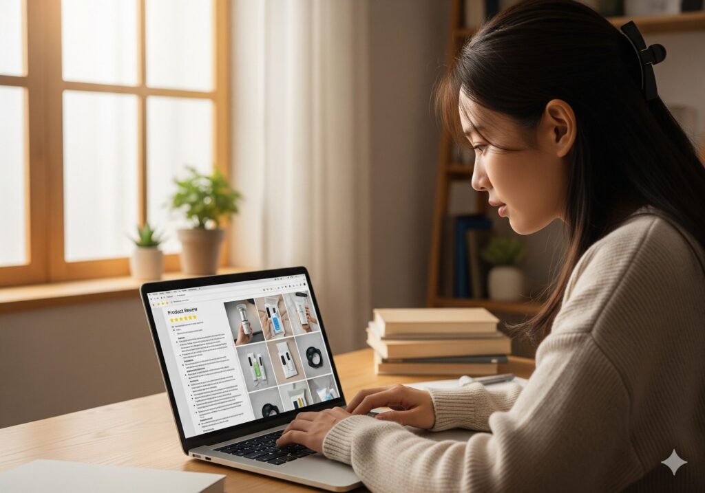 한국인 N잡 블로거가 자신의 경험을 바탕으로 독자들에게 신뢰도 높은 제품 리뷰 콘텐츠를 정성껏 작성하는 모습.