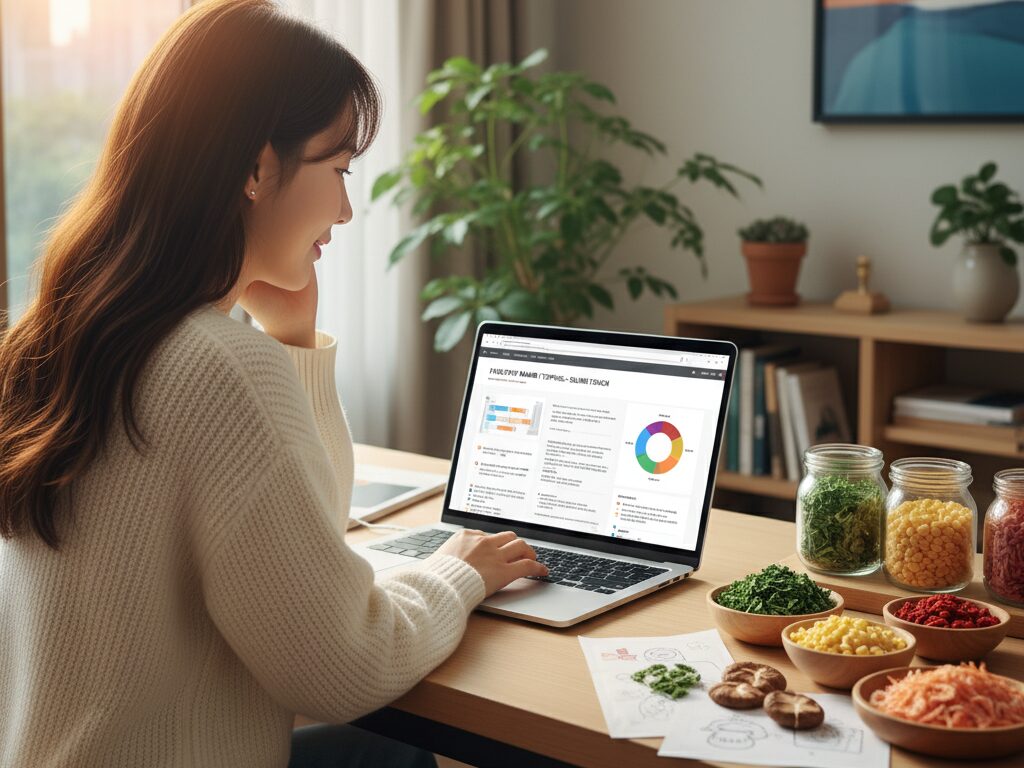 밝은 홈오피스에서 노트북으로 라면 토핑 스토어 사업을 기획하며 열정적으로 일하는 한국인 N잡러의 모습.