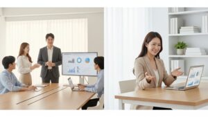 N잡 창업 아이디어인 B2B 컨설팅을 통해 한국 중소기업이 성공적인 의사결정을 하고, N잡 창업가도 전문성을 인정받는 모습.