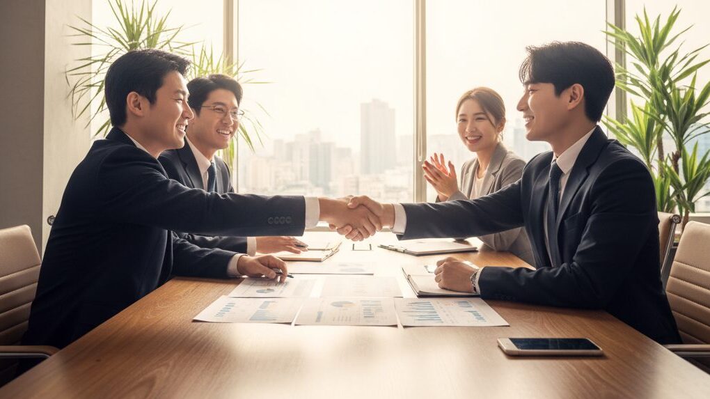 성공적인 N잡 창업 아이디어로, 기업 고객과 투자 분석 컨설턴트가 함께 만족하는 모습.