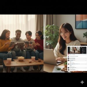 K-콘텐츠 해설을 보며 한국 문화를 깨닫고 기뻐하는 해외 팬들과, 그들의 반응에 뿌듯해하는 N잡 창업 아이디어 실현 유튜버의 모습.