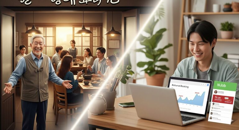 N잡 창업 아이디어인 SNS 계정 관리 대행을 통해 손님으로 가득 찬 식당을 보며 기뻐하는 소상공인과 성공한 N잡 창업가의 모습.