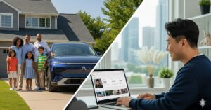 잡 창업 아이디어로 성공한 모습. 정확한 TCO 분석 정보 덕분에 만족하며 차를 구매한 미국인 고객과, 이들을 도우며 성공적인 콘텐츠 사업을 운영하는 한국인 크리에이터의 행복한 상황.