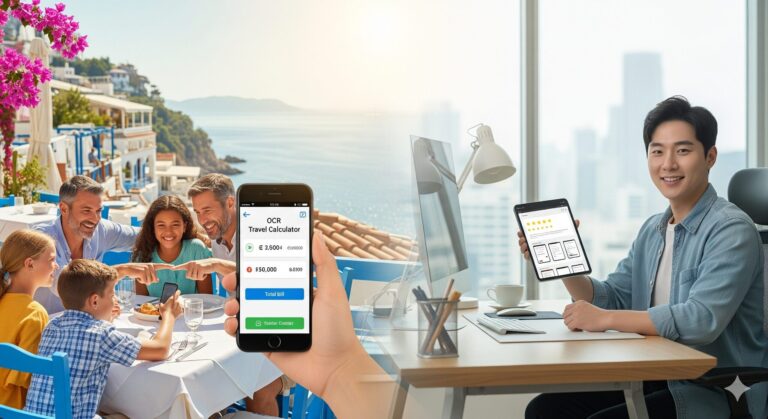 N잡 창업 아이디어로 성공한 OCR 앱. 해외 여행객은 앱으로 안심하고, 한국인 개발자는 성공하여 모두가 만족하는 모습.