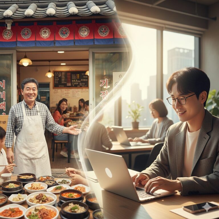 N잡 창업 아이디어로 시작한 AI 광고 대행 서비스가 성공하여, 소상공인 고객은 가게 매출이 올라 행복해하고, 창업가는 그 성공을 도우며 함께 성장하는 이상적인 모습.