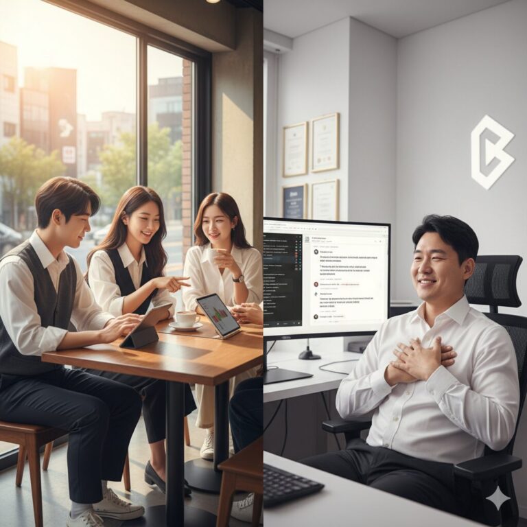 N잡 창업 아이디어로 시작한 금융 철학 유튜브가 성공하여, 구독자들은 금융 이해력이 높아져 만족하고, 유튜버는 그들의 성장을 도우며 보람을 느끼는 이상적인 모습.