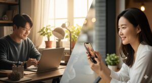 N잡 창업 아이디어인 디지털 캐릭터 굿즈 사업으로 성공한 한국인 크리에이터와 그의 캐릭터 상품으로 위로받는 고객이 함께 만족하는 모습.