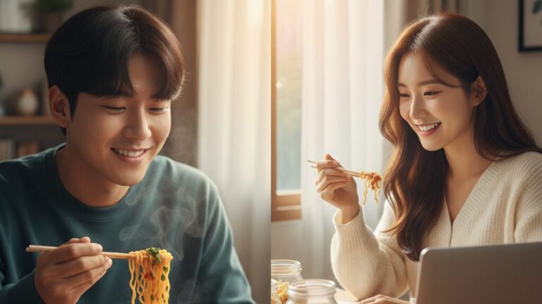 건강한 라면 토핑으로 죄책감 없이 라면을 즐기는 한국인 고객과, 성공적인 N잡 창업 아이디어로 뿌듯해하는 창업가의 완성된 꿈.