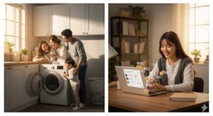 N잡 창업 아이디어로 시작한 신뢰도 높은 리뷰 블로그 덕분에 좋은 제품을 구매해 만족하는 한국인 고객과 성공적인 N잡을 이룬 블로거의 모습.