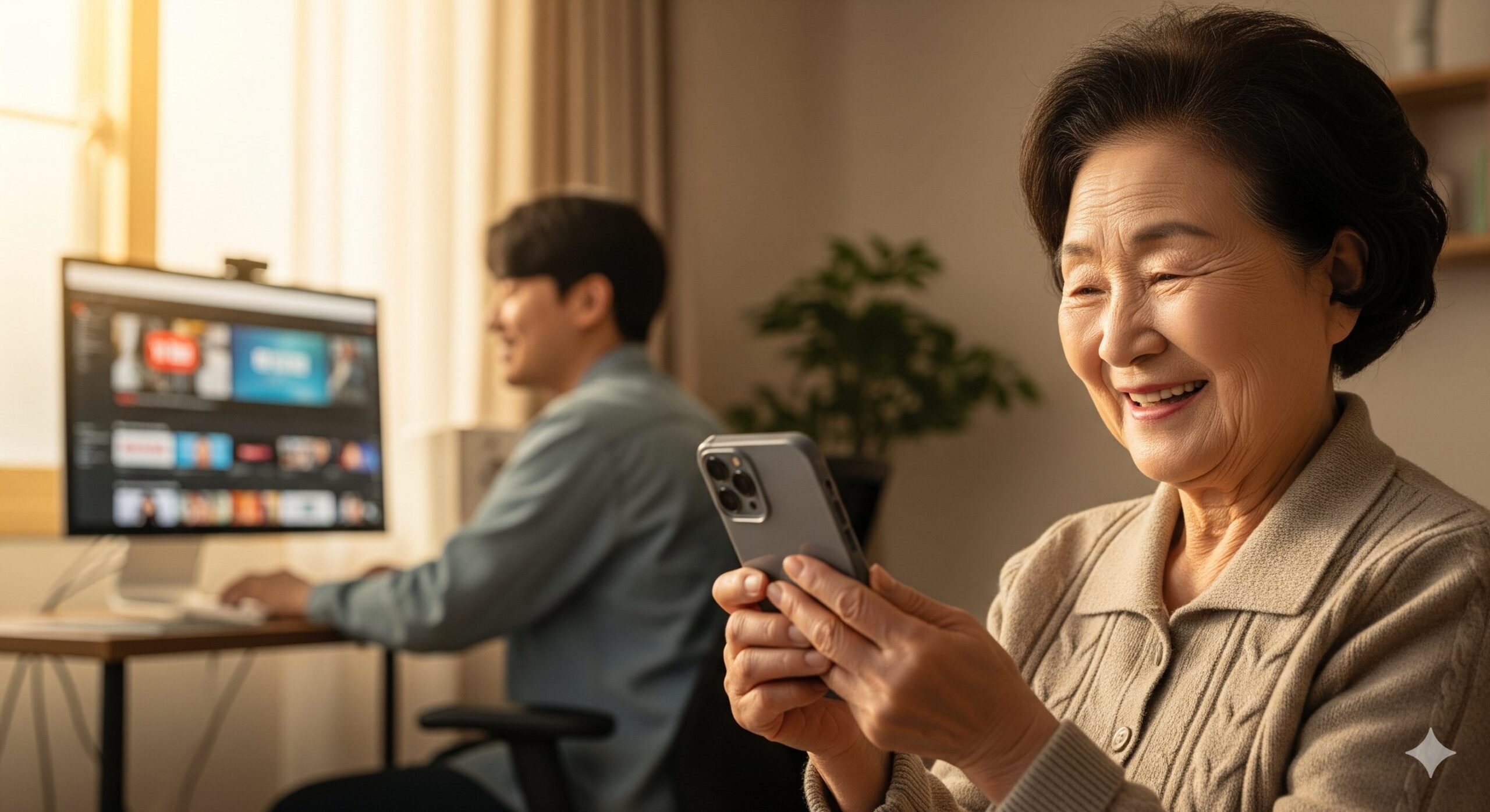 N잡 창업 아이디어로 성공한 모습. 친절한 유튜브 영상 덕분에 디지털 문제를 해결하고 행복해하는 한국인 어르신과, 채널 성장에 만족하는 젊은 한국인 크리에이터가 조화롭게 어우러져 있다.