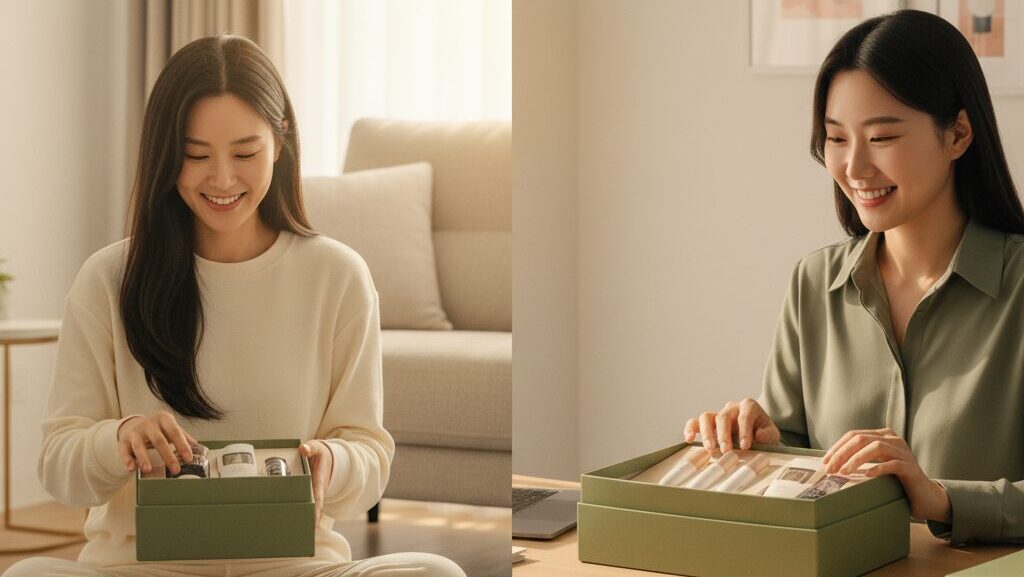 소용량 체험 패키지를 받고 만족하는 한국인 고객과, 성공적인 N잡 창업 아이디어로 스마트스토어에서 좋은 성과를 얻어 뿌듯해하는 사업가의 모습.