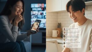 진솔한 다이어트 챌린지 릴스를 보고 웃는 시청자와, 시청자의 긍정적 반응에 뿌듯해하는 N잡 창업 아이디어 실행 크리에이터의 모습.